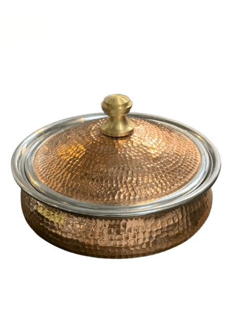 Handmade copper handi with intricate carvings — artisanal hotelware by Lotus Metal Works Pakistan