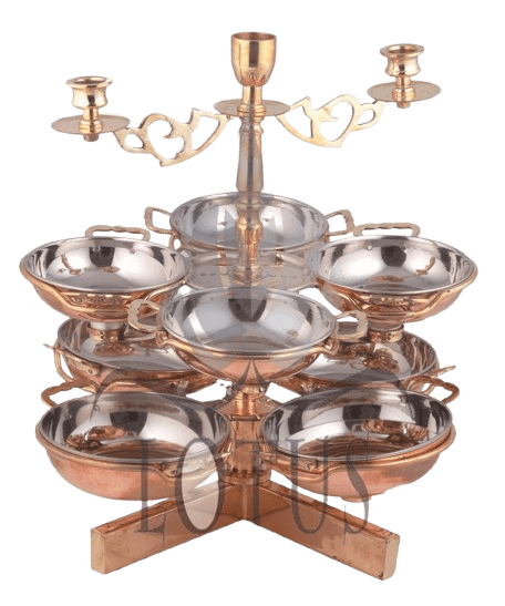 Copper revolving serving stand with 8 bowls and brass legs — luxury table service hotelware Lotus Metal Works Pakistan