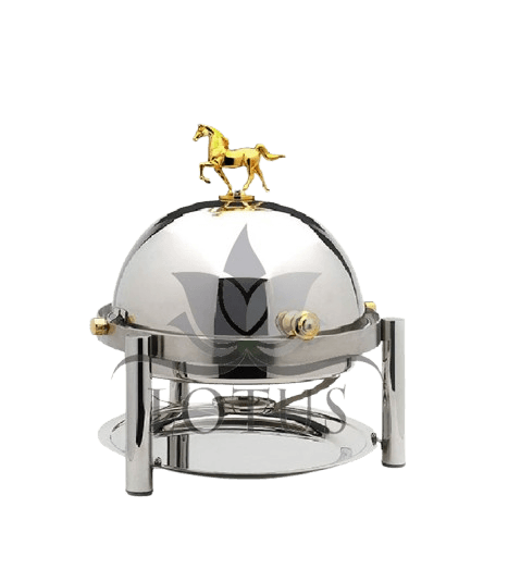 Round stainless steel chafing dish with brass horse figurine lid — luxury hotel buffet hotelware Lotus Metal Works Pakistan