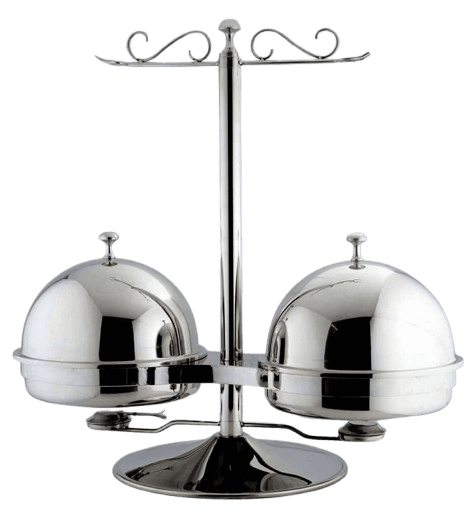 Revolving stand holding two round stainless steel chafing dishes — space-efficient buffet hotelware Lotus Metal Works Pakistan