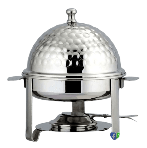 Round stainless steel hammered chafing dish with decorative circle detailing — premium buffet hotelware Lotus Metal Works Pakistan