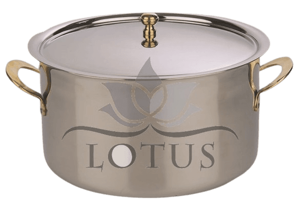 Heavy-gauge stainless steel cooking pot with copper handles — commercial kitchen equipment Lotus Metal Works Pakistan