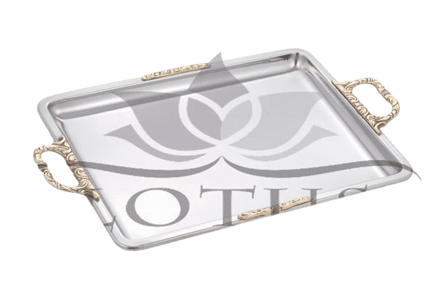 Stainless steel serving tray with ornate copper handles — commercial hotelware Lotus Metal Works Pakistan