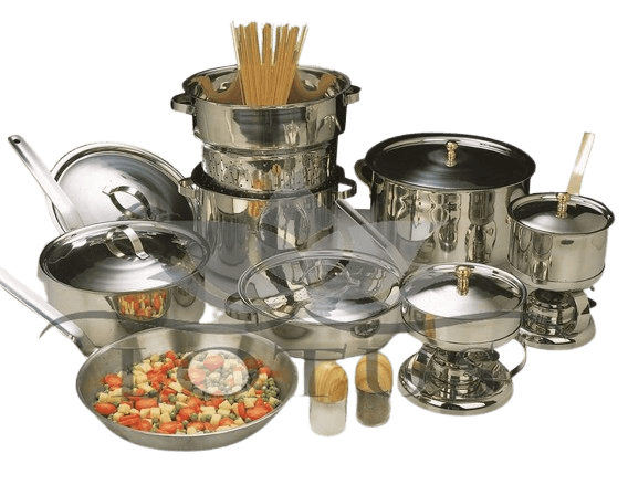 Complete stainless steel kitchen cookware set with copper handles — commercial hotelware Lotus Metal Works Pakistan