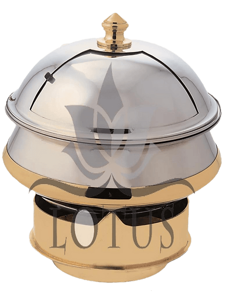Handi-style stainless steel chafing dish on brass stand — Lotus Metal Works Pakistan buffet hotelware