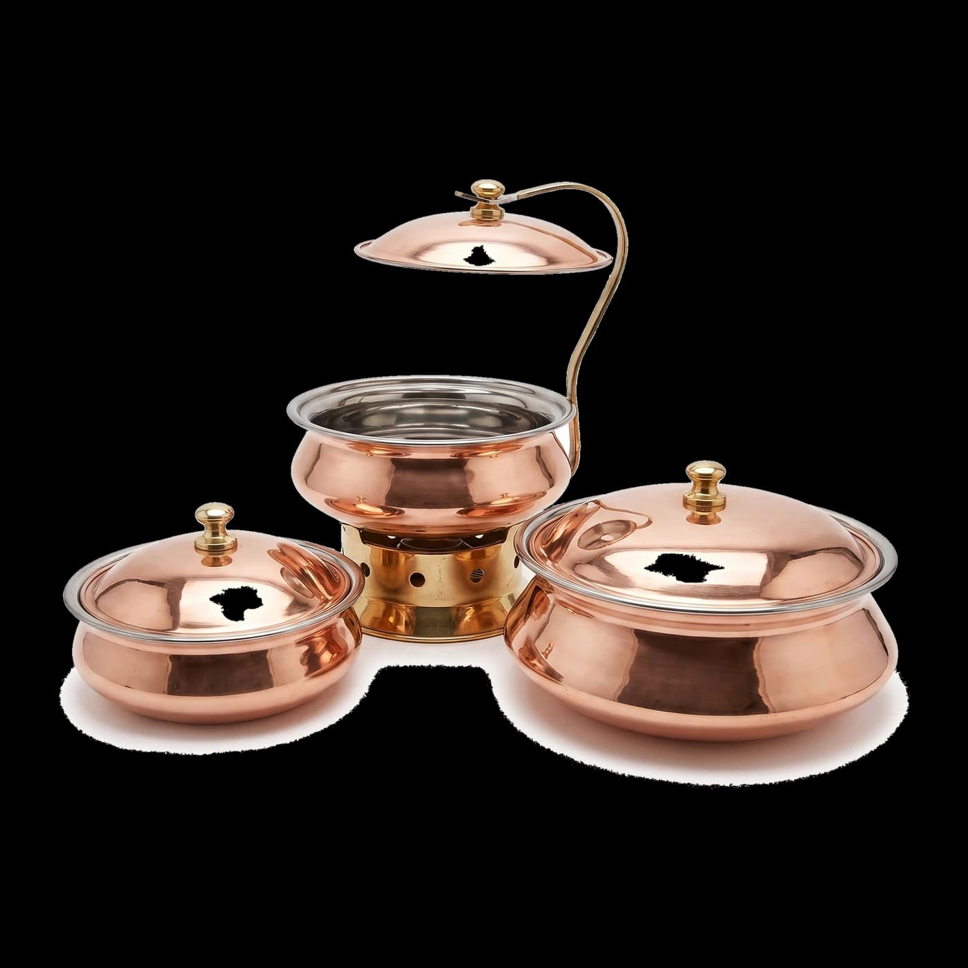 Copper handi with brass heating stand and stainless steel interior — handcrafted hotelware Lotus Metal Works Pakistan