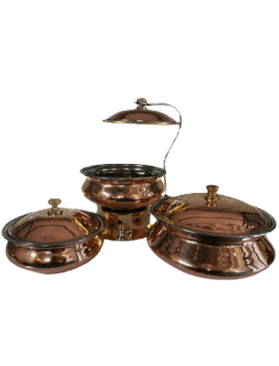 Copper handi with brass heating stand and stainless steel interior — handcrafted hotelware Lotus Metal Works Pakistan