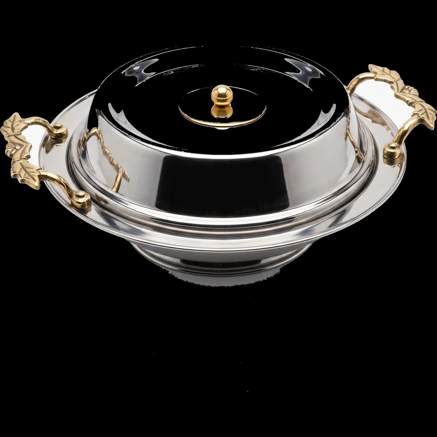 Mirror-polished stainless steel covered entrée dish with cast brass leaf handles and brass finial — Lotus Metal Works Pakistan hotelware
