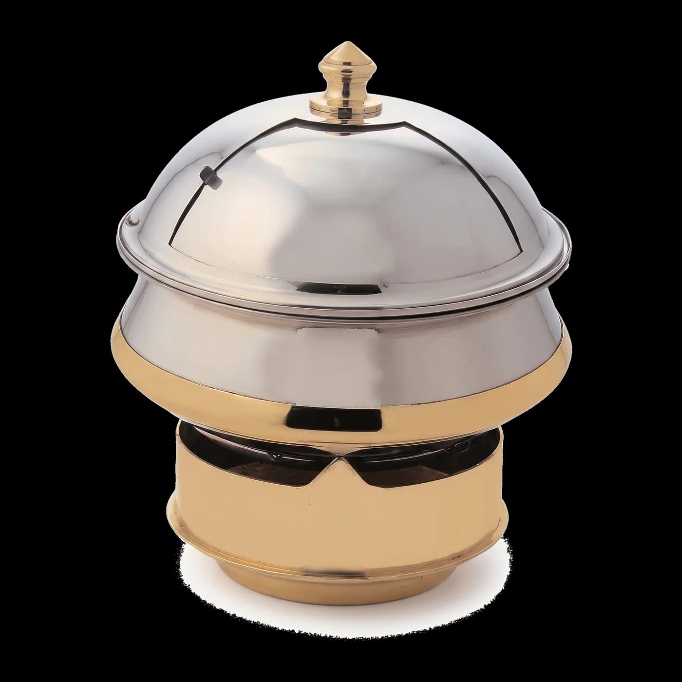 Handi-style stainless steel chafing dish on brass stand — Lotus Metal Works Pakistan buffet hotelware