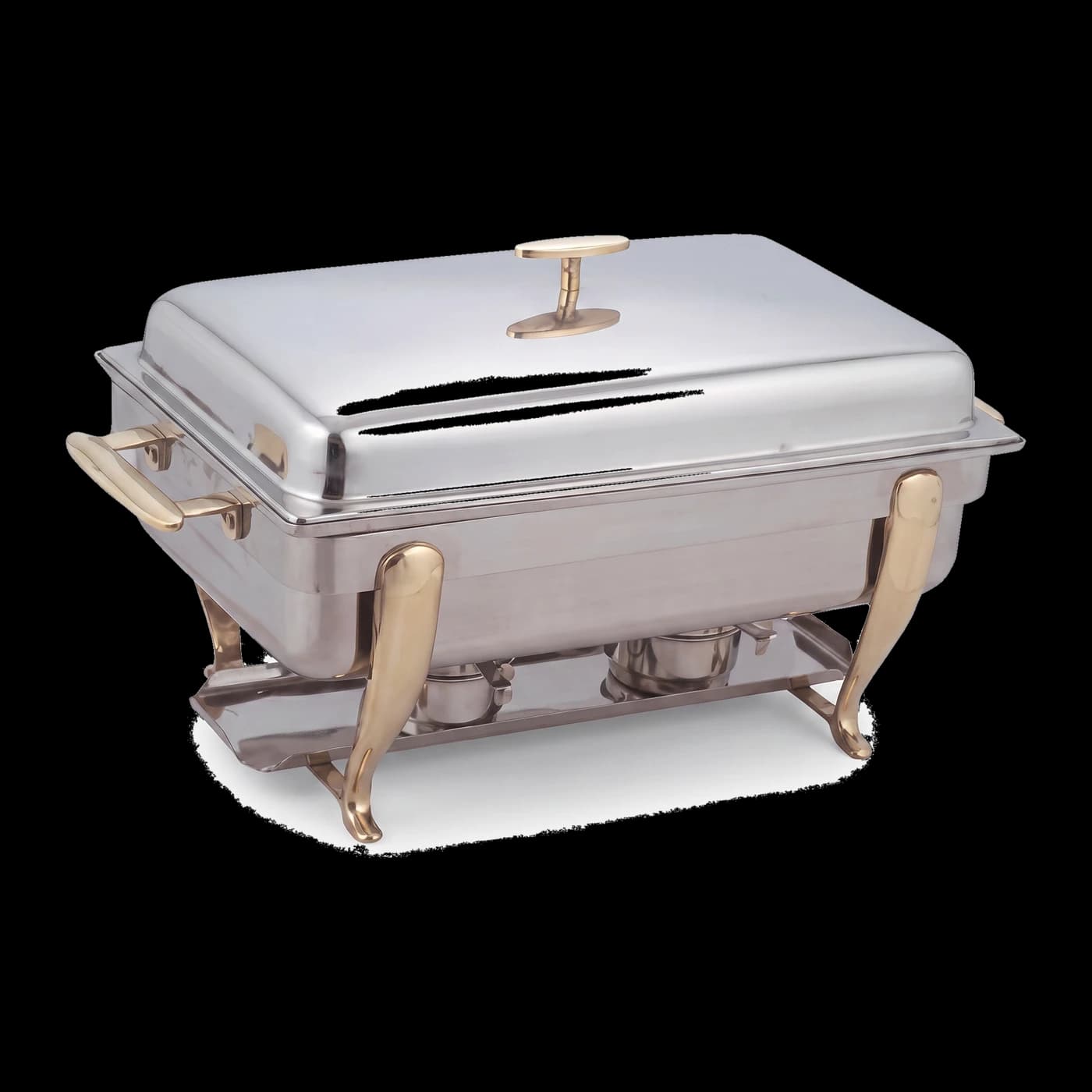 Rectangular stainless steel chafing dish with brass legs and simple lid — commercial buffet equipment Lotus Metal Works Pakistan