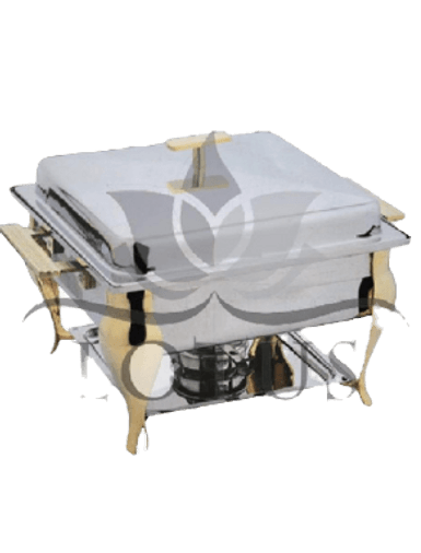 Square stainless steel chafing dish with full brass lid and legs — premium buffet hotelware Lotus Metal Works Pakistan