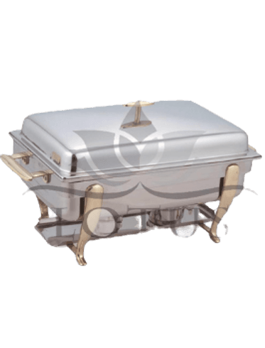 Rectangular stainless steel chafing dish with brass legs and simple lid — commercial buffet equipment Lotus Metal Works Pakistan