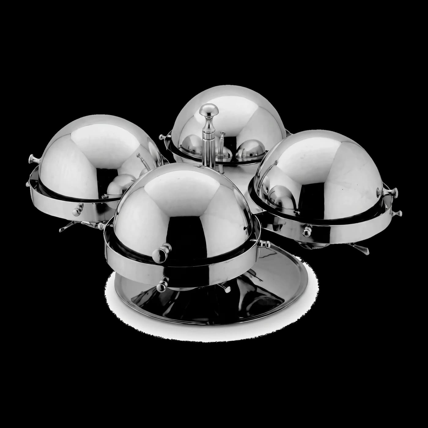 Revolving stainless steel chafing dish with multiple serving bowls — buffet hotelware Lotus Metal Works Pakistan