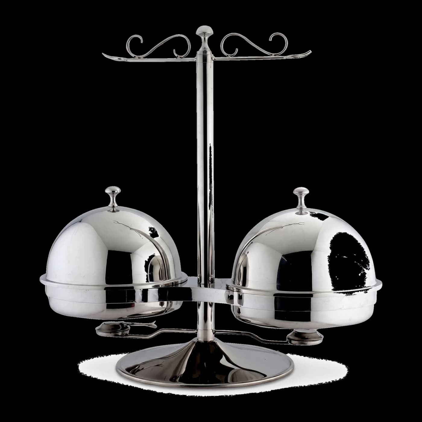 Revolving stand holding two round stainless steel chafing dishes — space-efficient buffet hotelware Lotus Metal Works Pakistan
