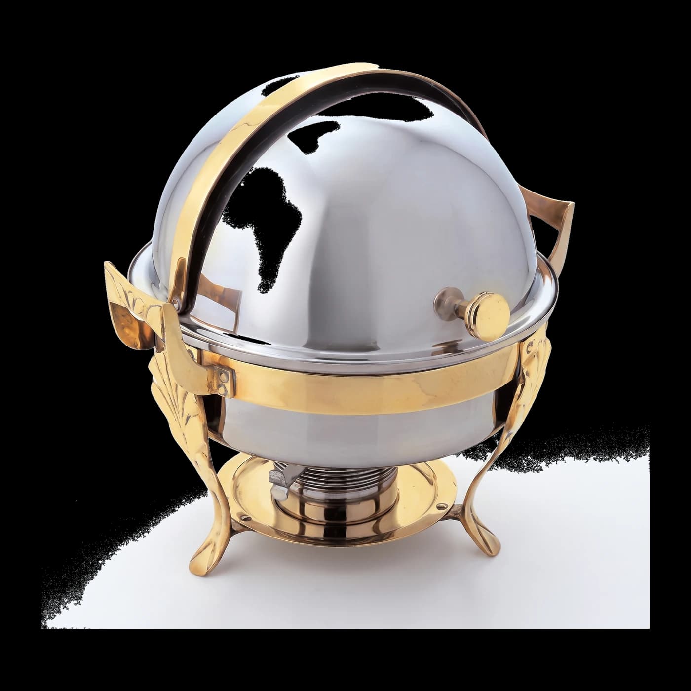 Round stainless steel chafing dish with brass legs and half-sliding lid — Lotus Metal Works Pakistan buffet equipment