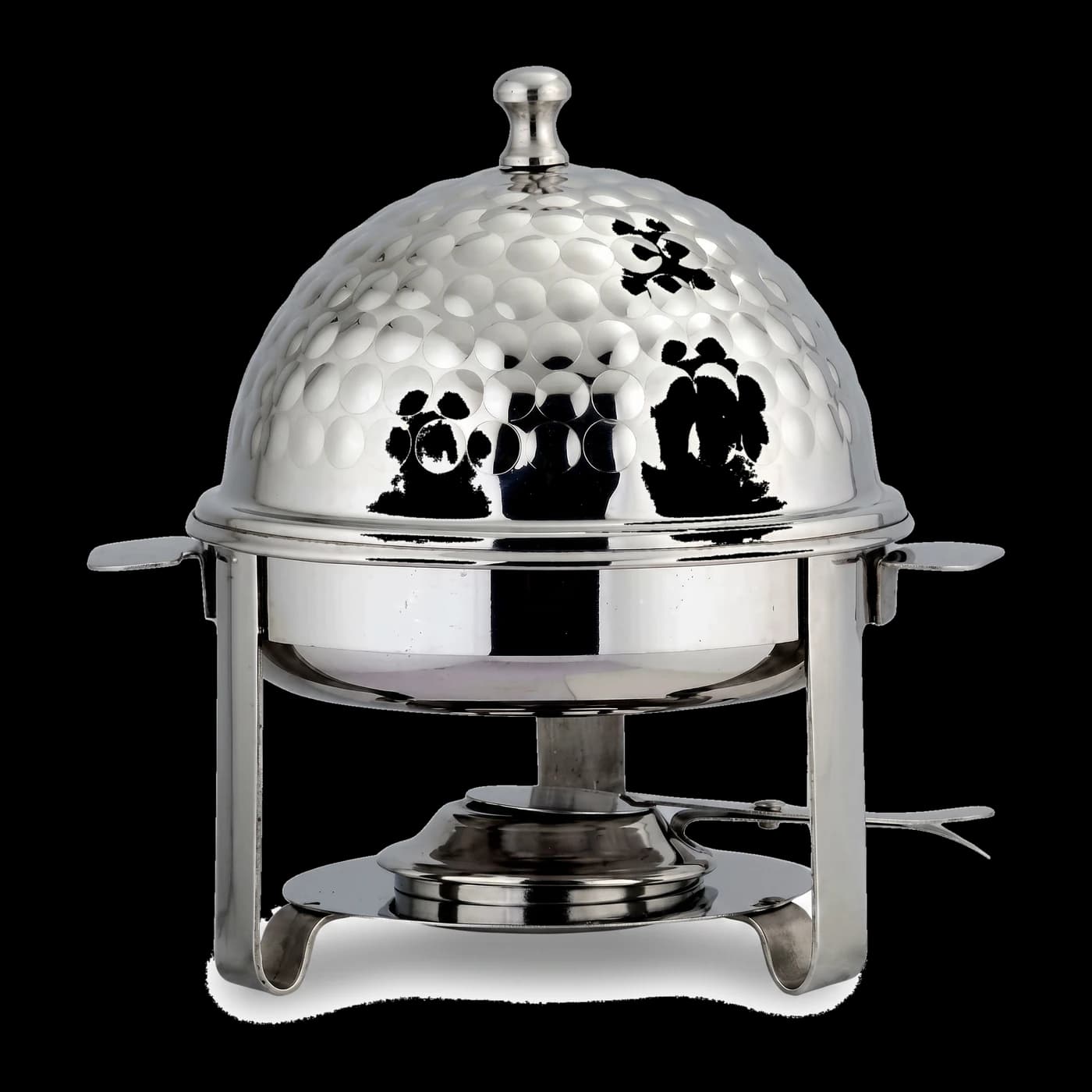 Round stainless steel hammered chafing dish with decorative circle detailing — premium buffet hotelware Lotus Metal Works Pakistan