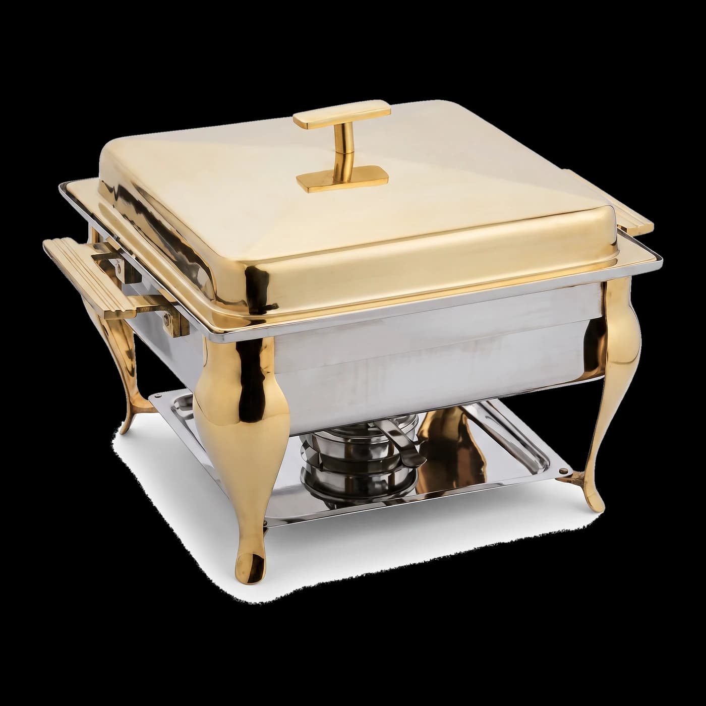 Square stainless steel chafing dish with full brass lid and legs — premium buffet hotelware Lotus Metal Works Pakistan