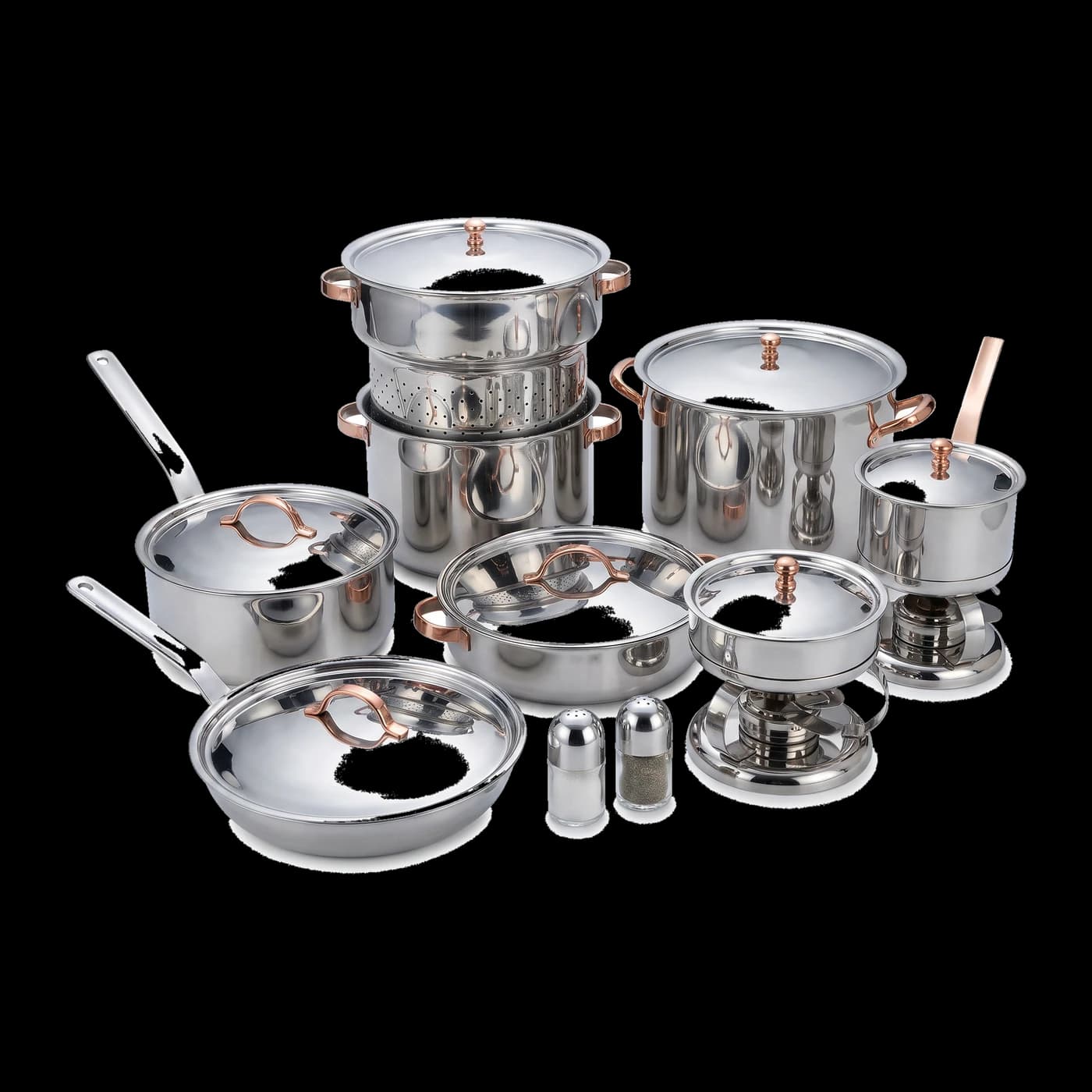 Complete stainless steel kitchen cookware set with copper handles — commercial hotelware Lotus Metal Works Pakistan
