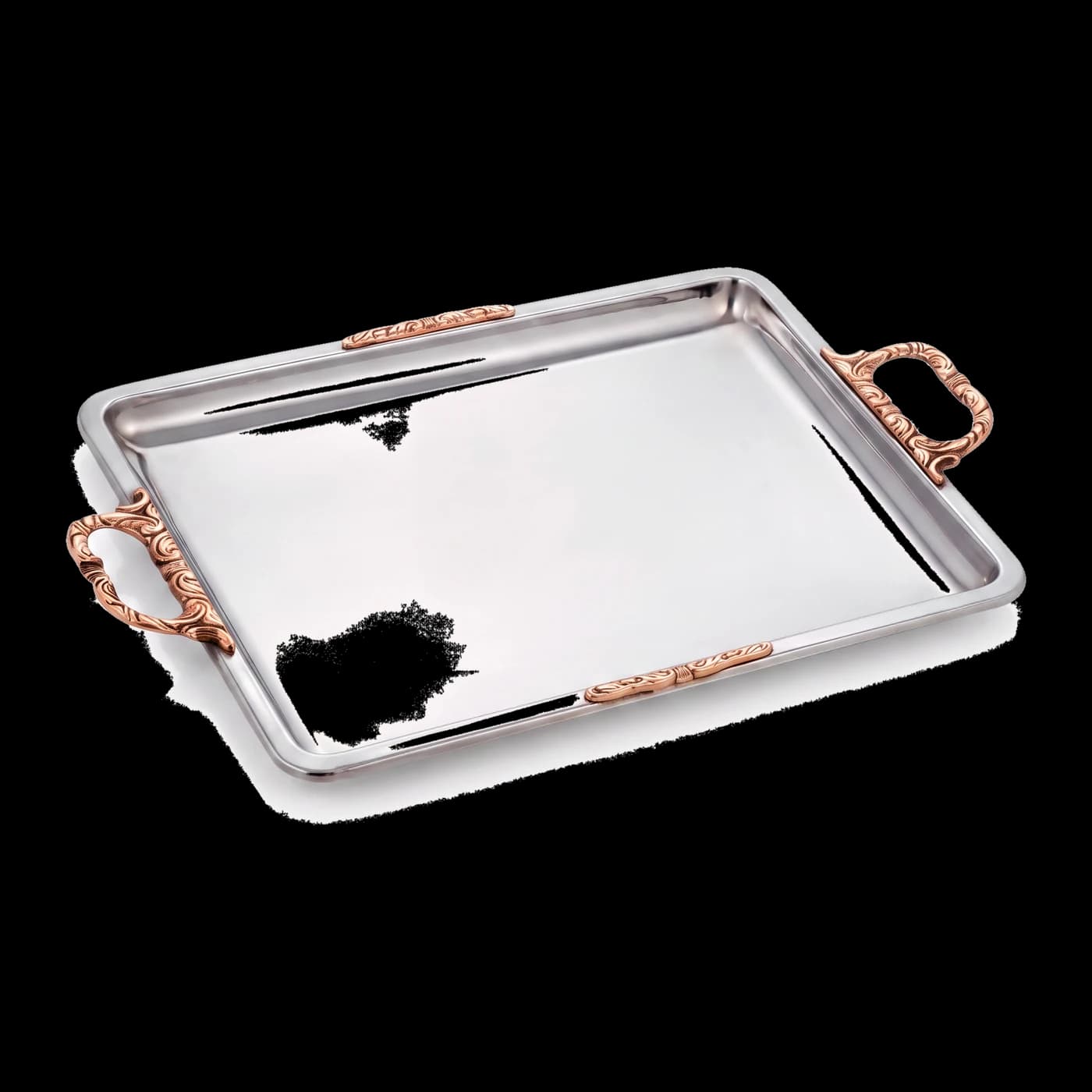Stainless steel serving tray with ornate copper handles — commercial hotelware Lotus Metal Works Pakistan
