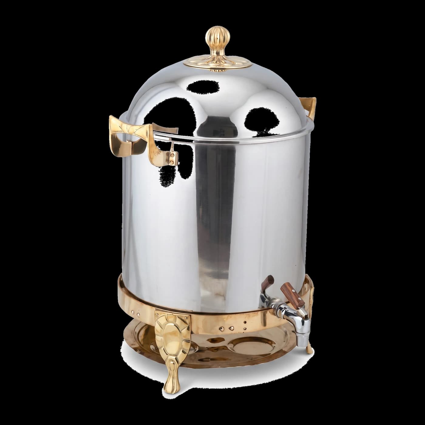 Stainless steel tea container with brass spirit lamp stand — commercial hotelware by Lotus Metal Works Pakistan